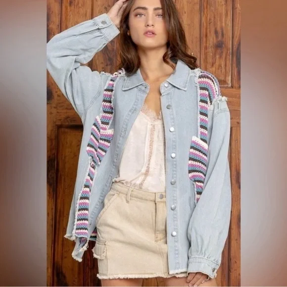 POL Jackets Coats Pol Crochet Denim Jean Jacket Shacket Size
